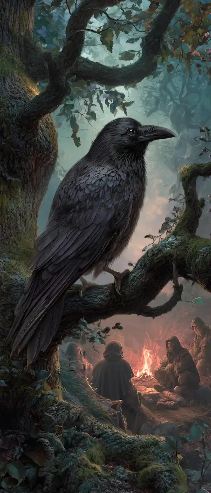 Corvo nero su un antico ramo di quercia nella foresta oscura