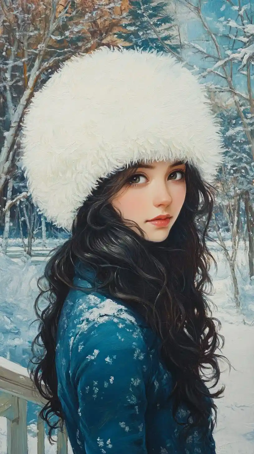 Ragazza con cappotto invernale blu sotto una soffice nevicata