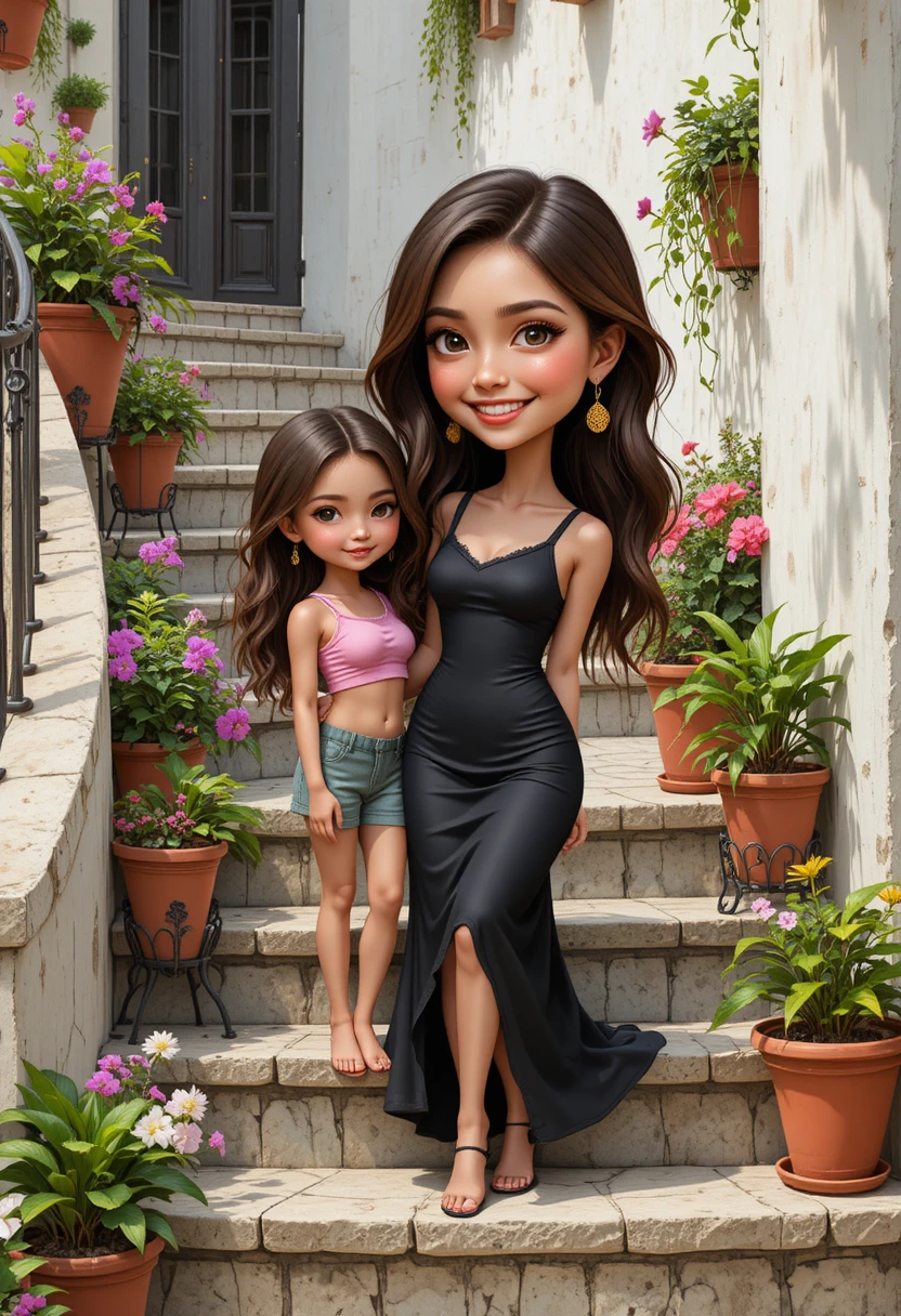 Woman in black dress holding little girl on stone steps