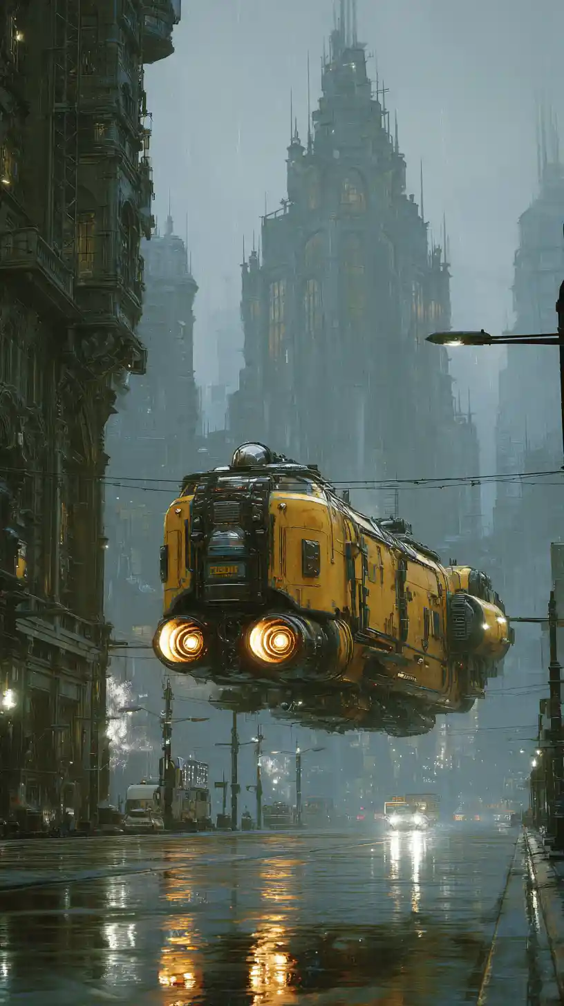 Armored beetle like spaceship in dystopian rainy city