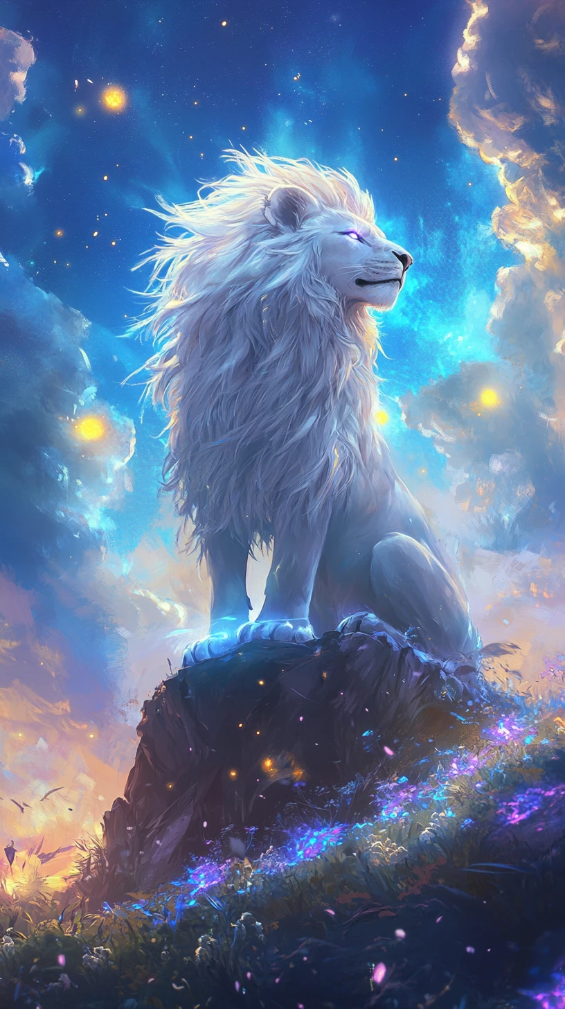 黃昏時俯瞰發光山谷的天體雄獅