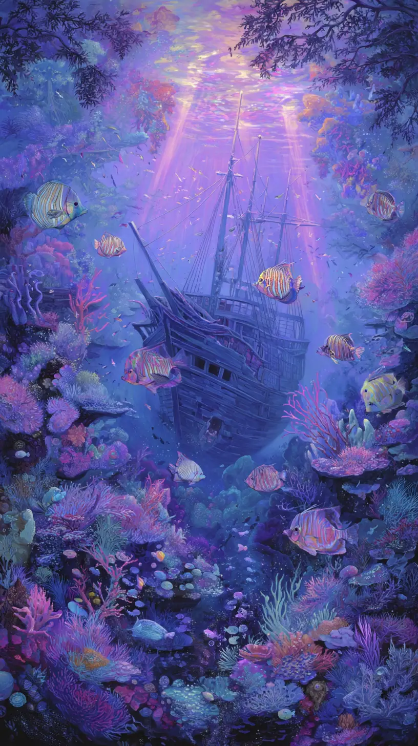 Versunkenes Schiff mit leuchtenden Fischen in traumhafter Unterwasserszene