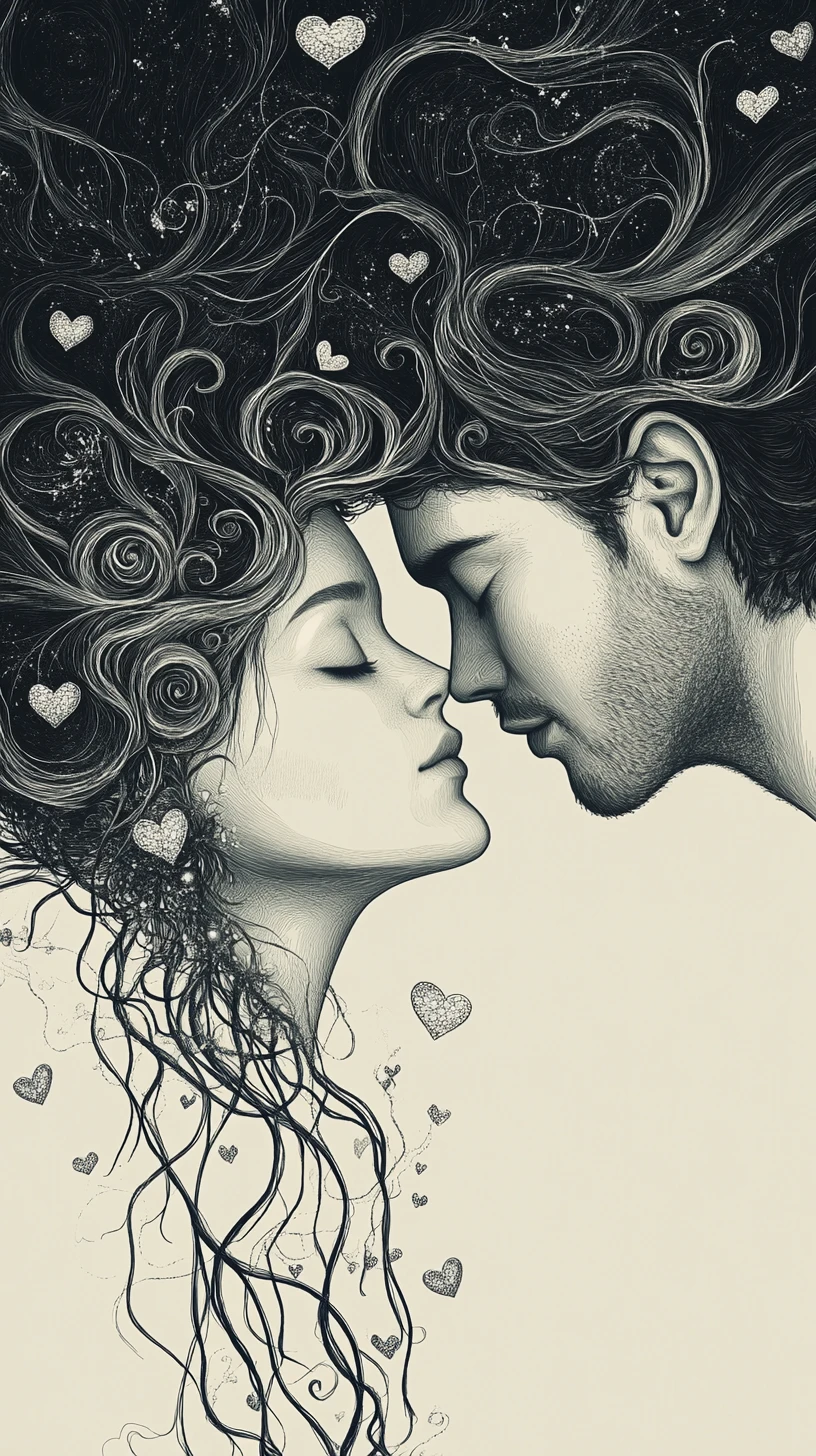 Coppia eterea in line art con cuori e capelli intrecciati