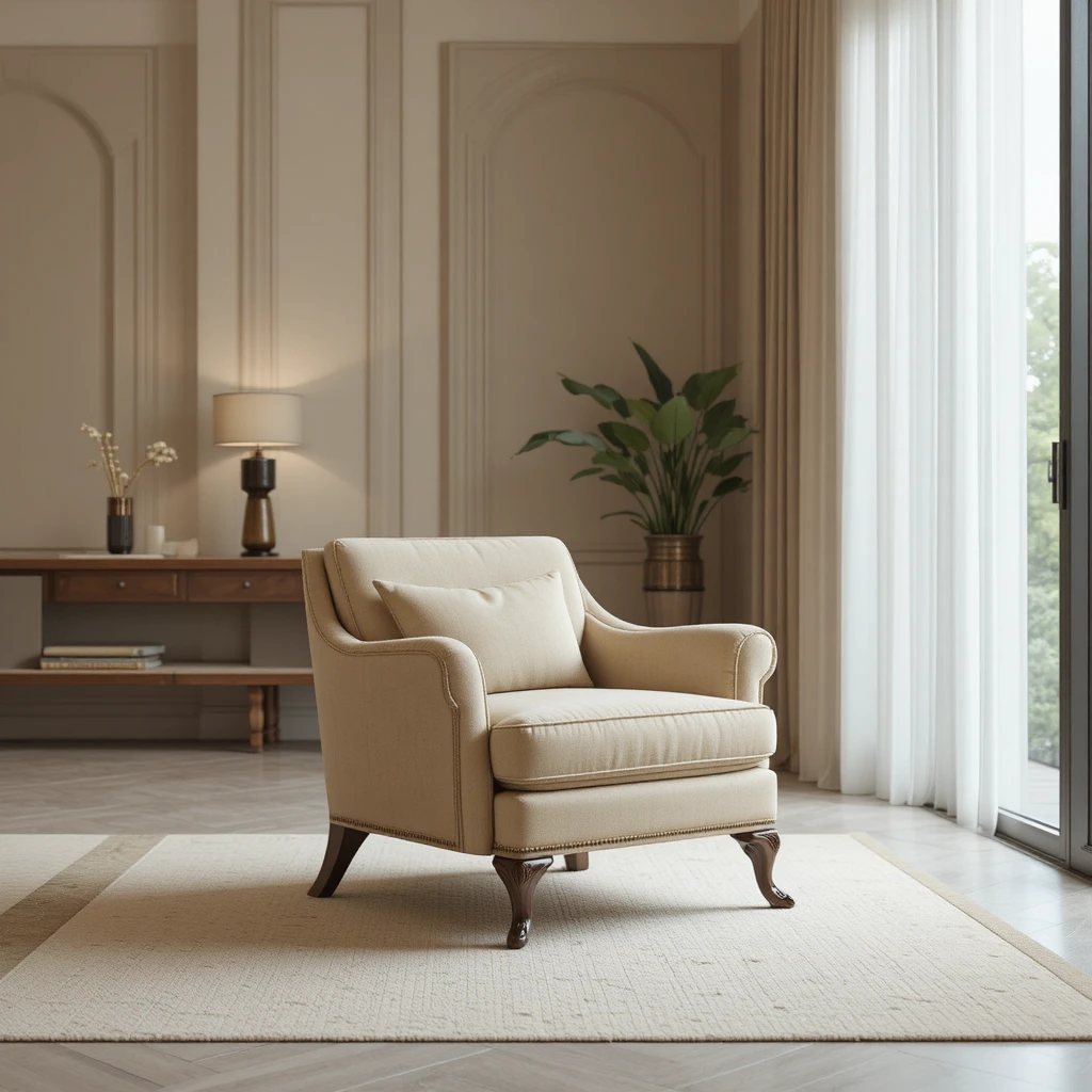 Modern beige armchair in a minimal luxury living room