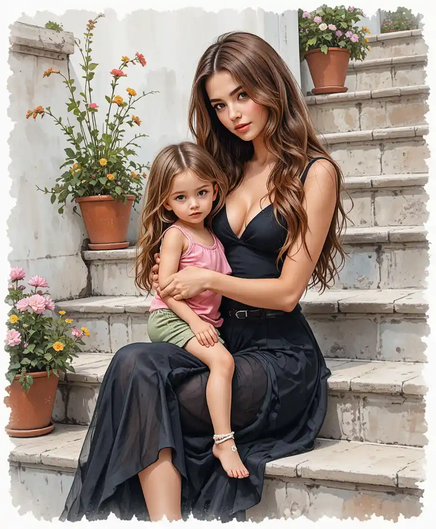 Girl holding child on stone staircase with flowers