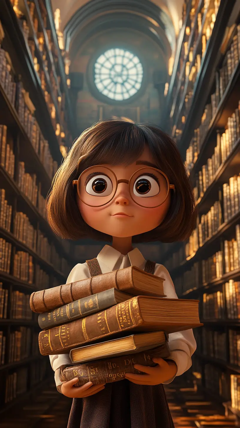 Neugieriges Mädchen mit Büchern in einer magischen 3D‑Bibliothek