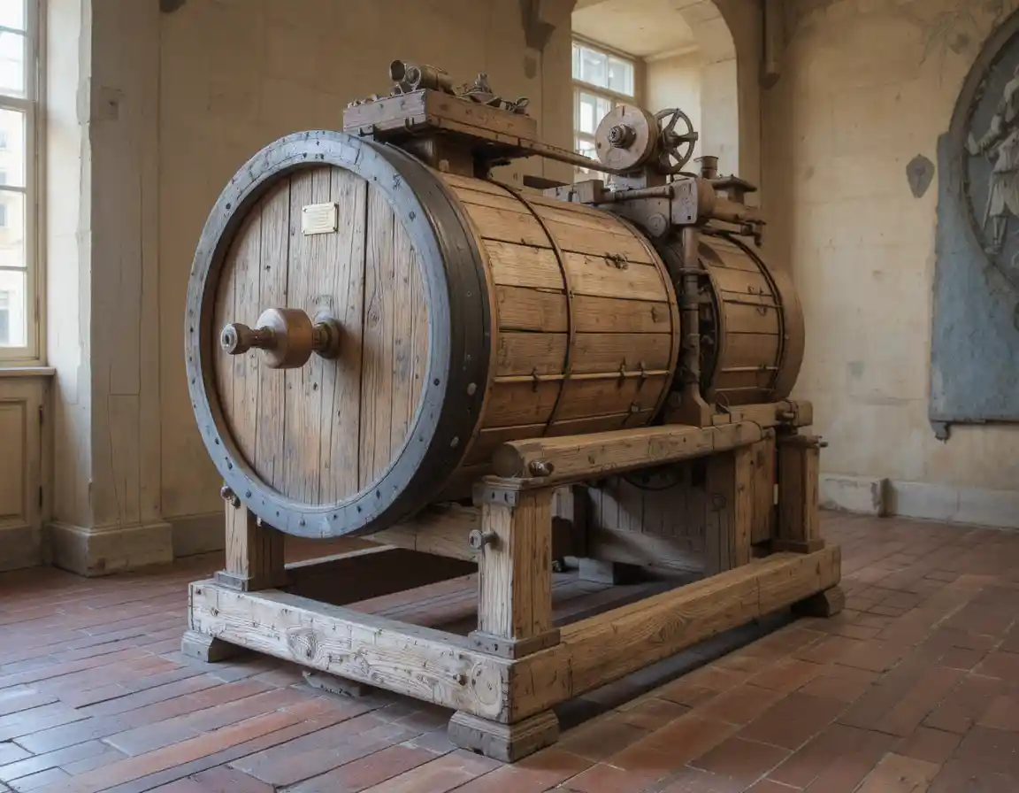 Close up of an old wooden cylindrical machine in a museum