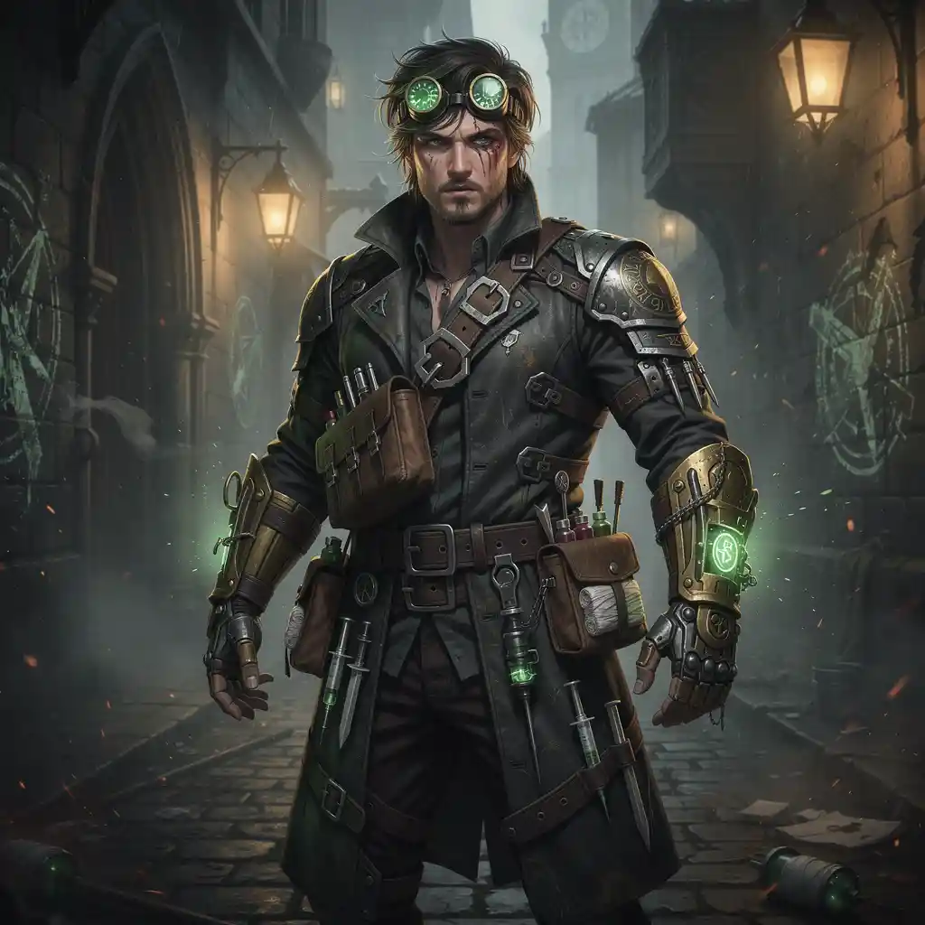 Dark fantasy artificer adventurer with goggles and satchel
