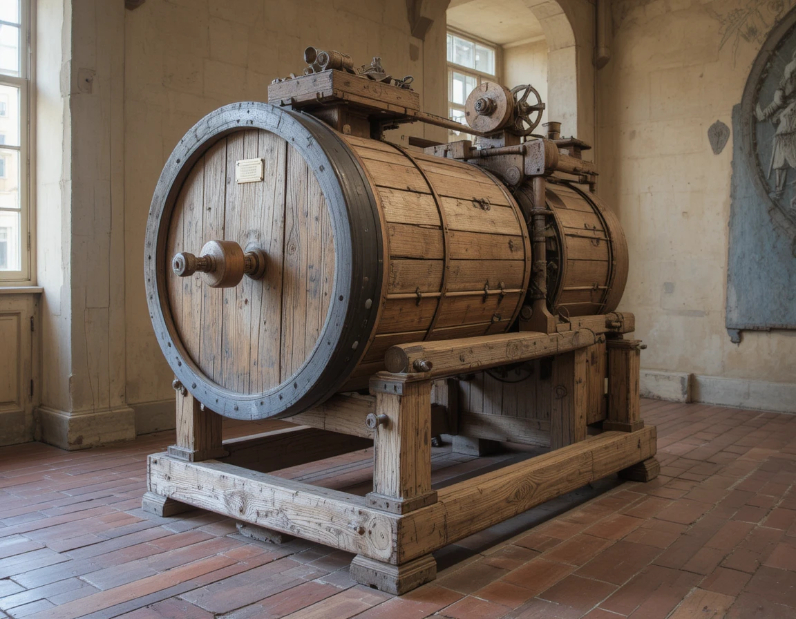 Close up of an old wooden cylindrical machine in a museum