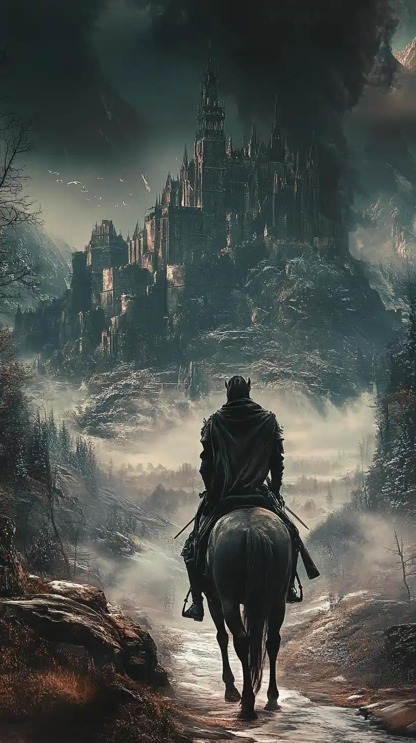 Knight on horseback looking toward a distant castle