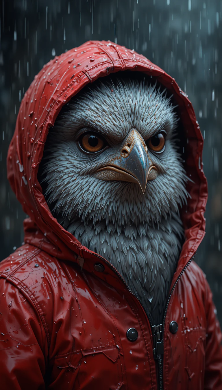 Pássaro de Capa de Chuva Vermelha Sob Chuva Forte com Olhar Intenso