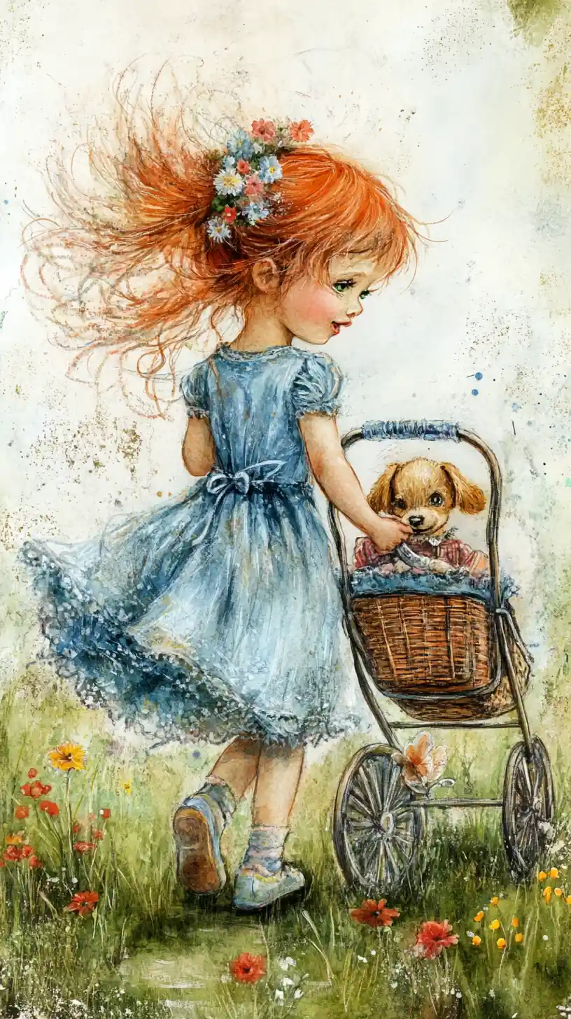 Bambina con passeggino per bambole in un prato da sogno
