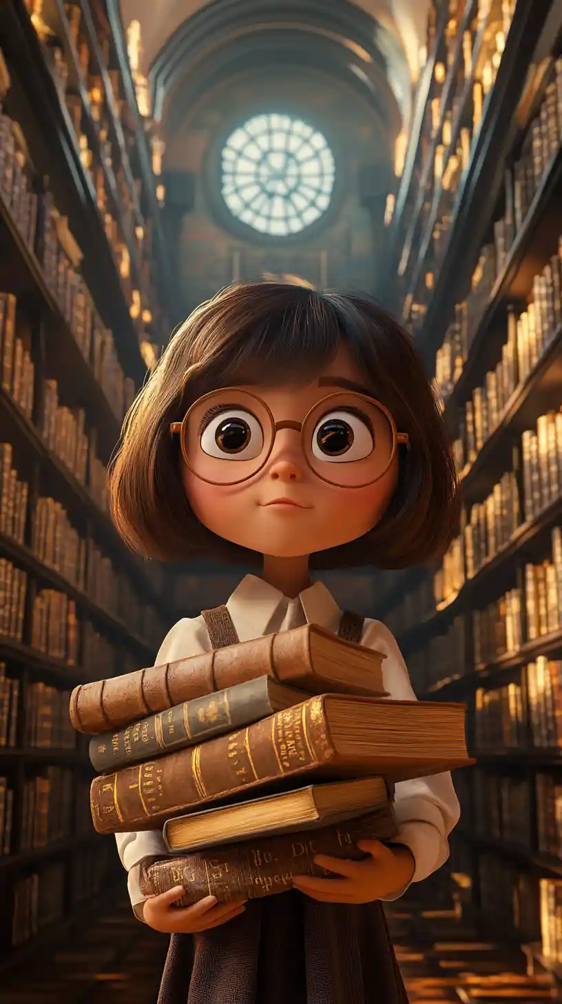 Neugieriges Mädchen mit Büchern in einer magischen 3D‑Bibliothek