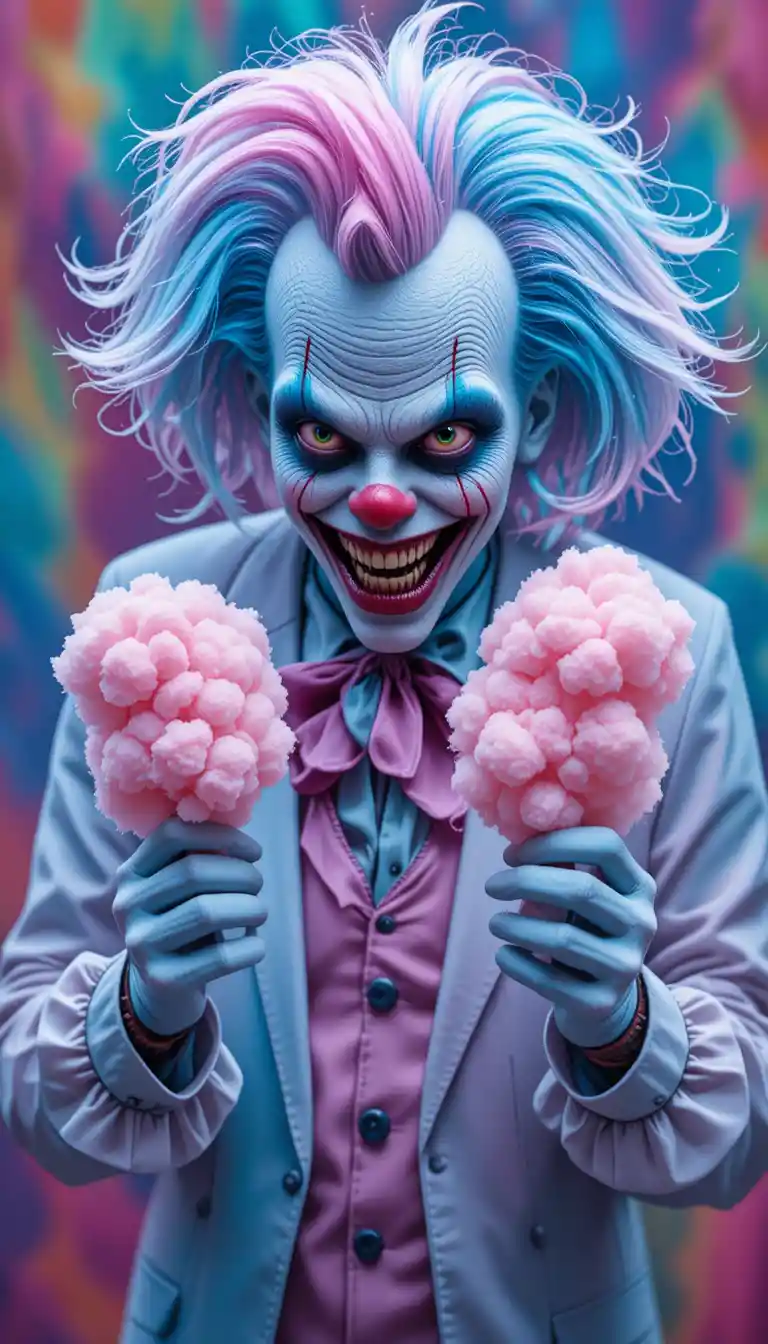 Clown sinistre en barbe à papa aux cheveux bleus et roses