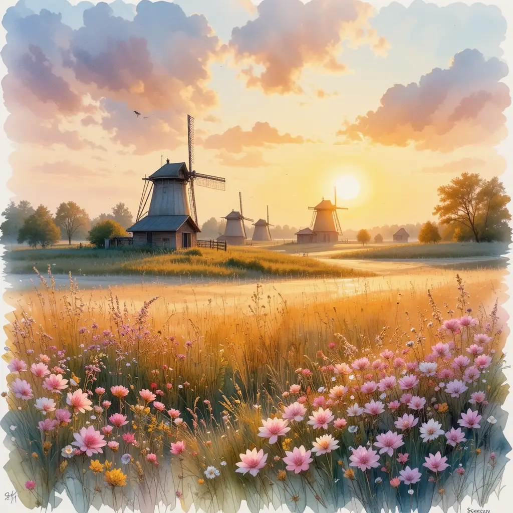 Stiller November-Sonnenuntergang über Wiese mit rustikalen Windmühlen