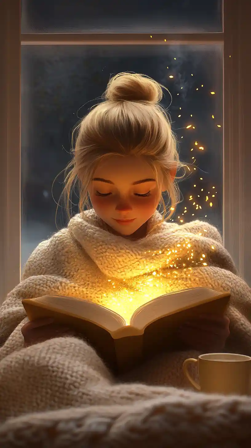 Young woman reading by a window with magical glowing book