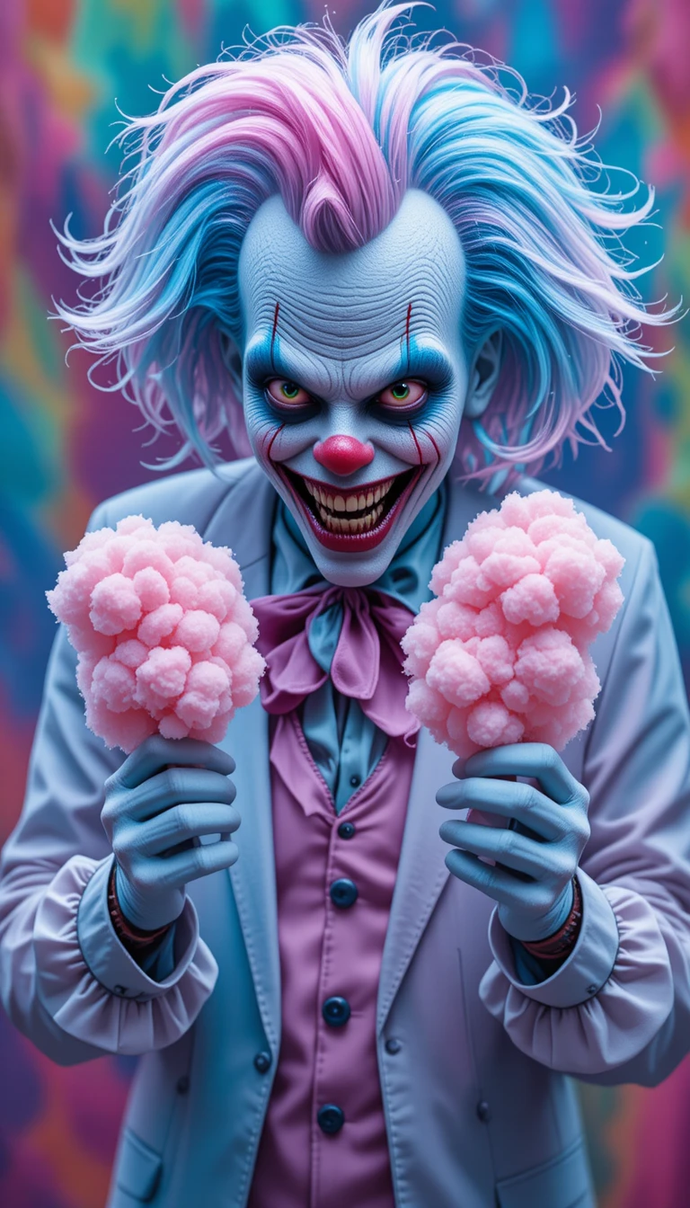 Palhaço sinistro de algodão doce com cabelo azul e rosa