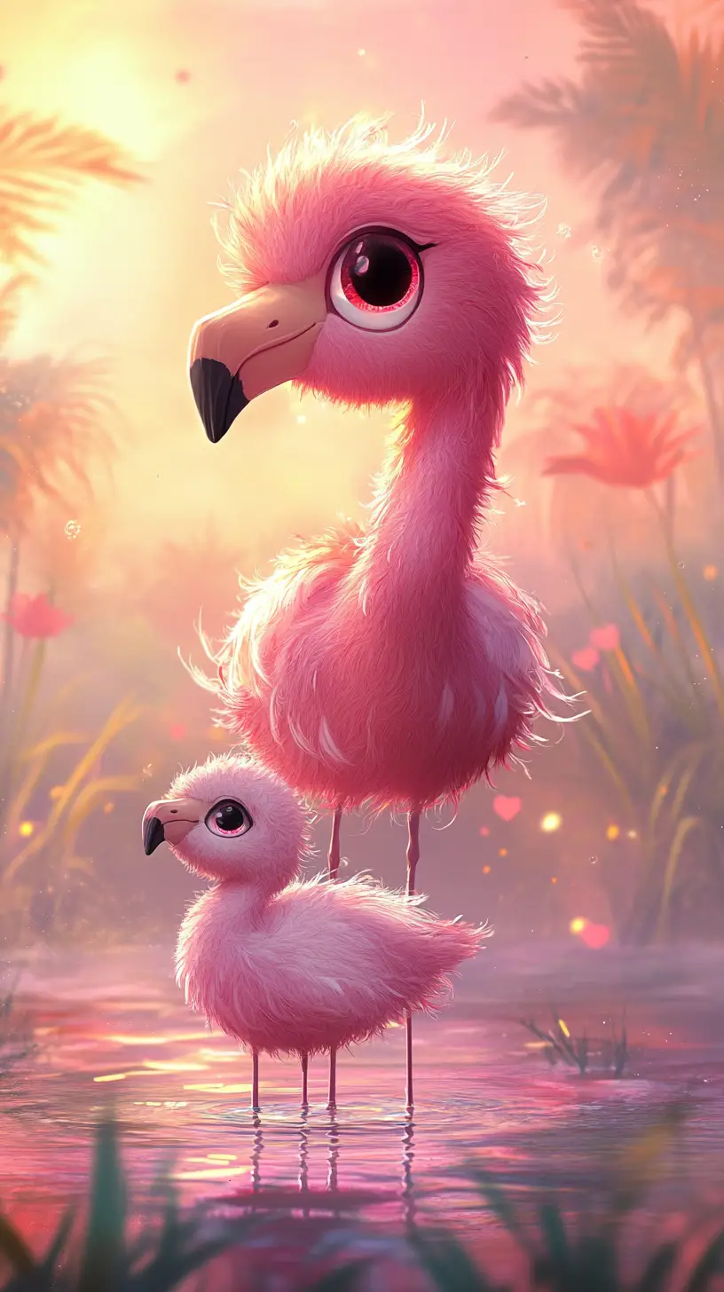 Kawaii-Flamingo-Mama mit Küken bei traumhaftem tropischem Sonnenuntergang