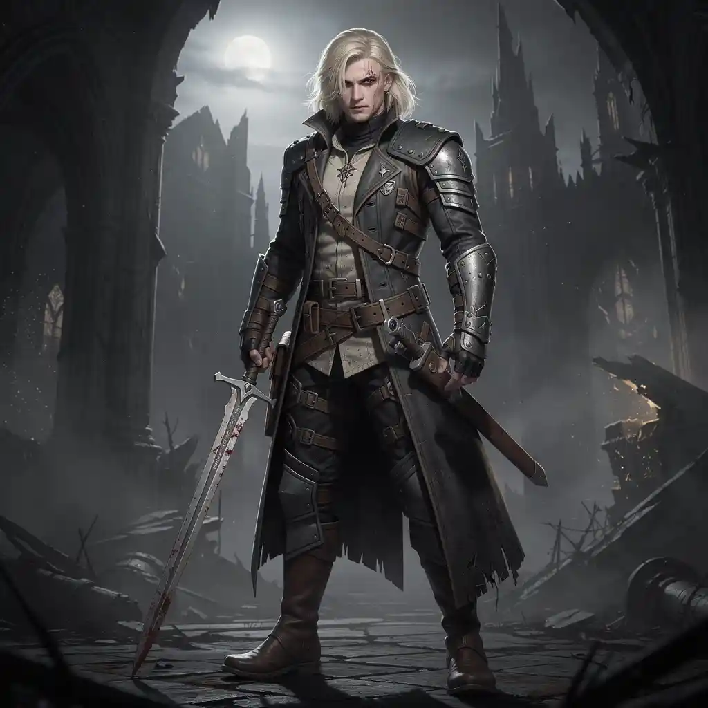 Dark fantasy warrior woman with longsword and leather coat