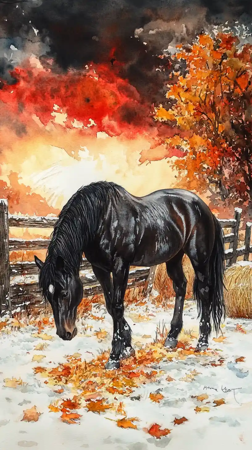 Black Horse In Frosty Farmyard At Dramatic Sunset