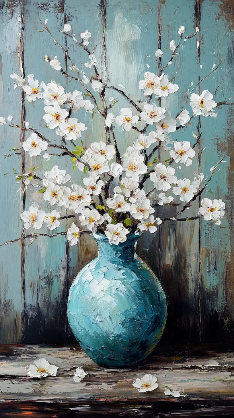 Stillleben-Gemälde mit weißen Kirschblüten in türkisfarbener Vase