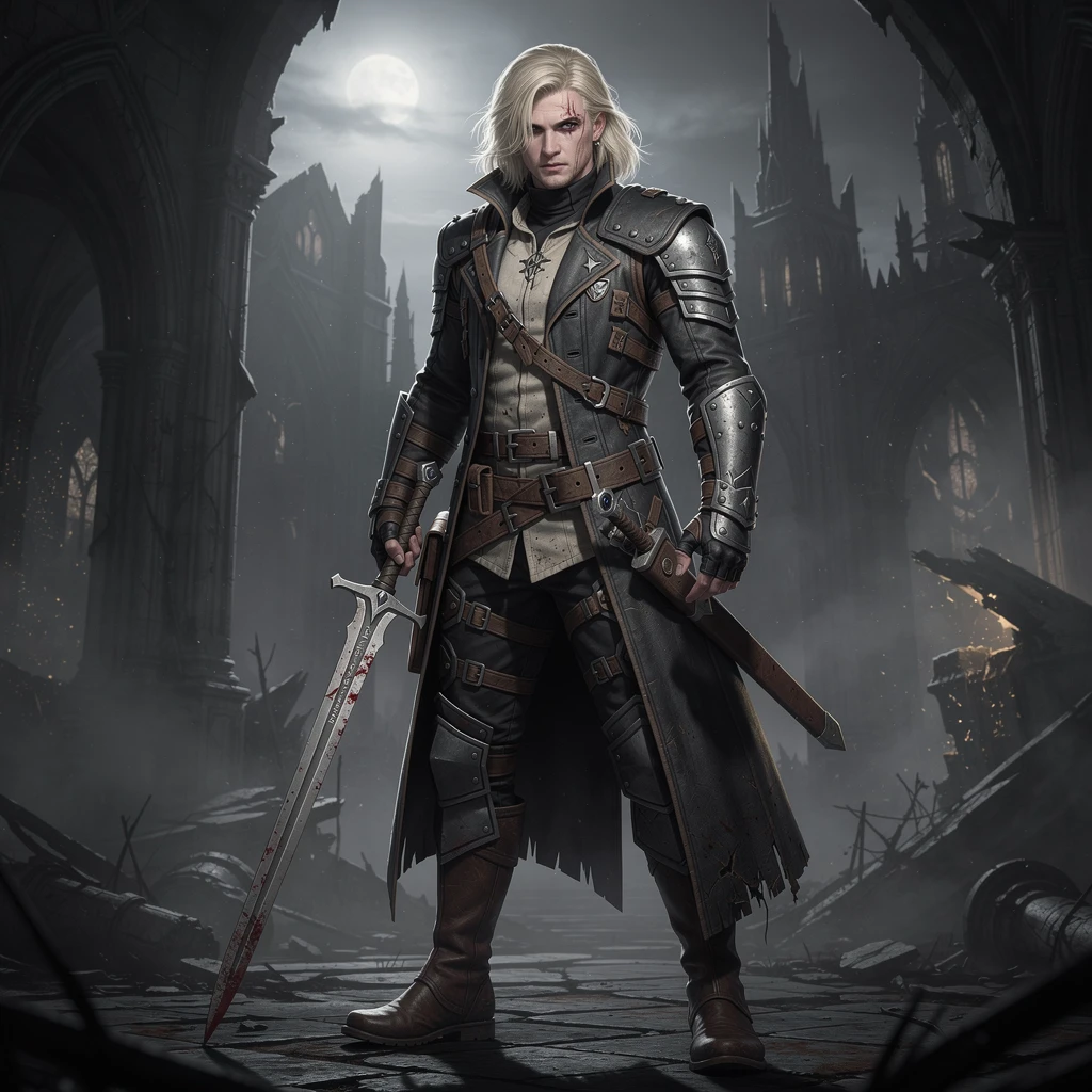 Dark fantasy warrior woman with longsword and leather coat