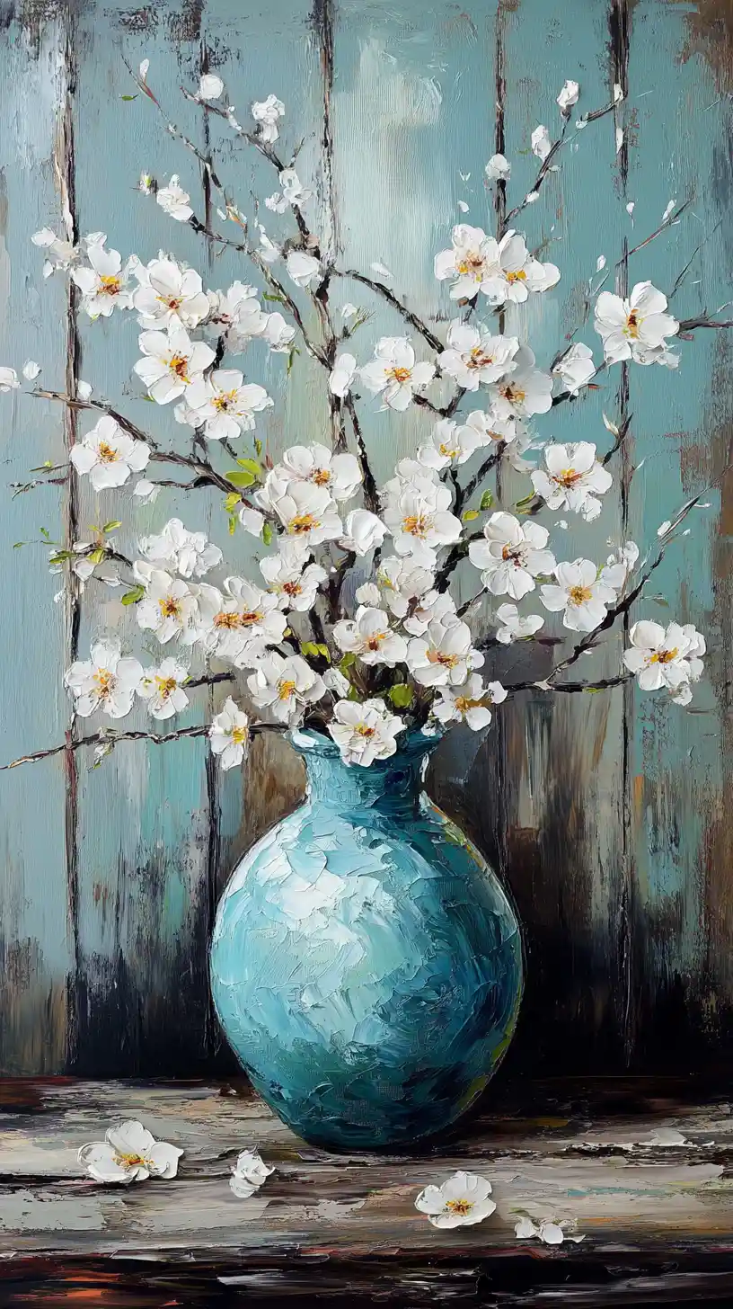 White cherry blossoms in turquoise vase still life painting