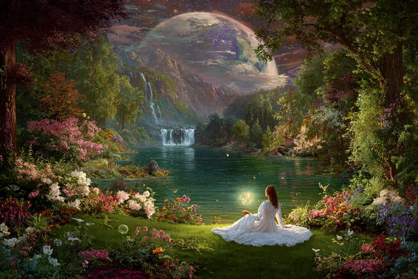 Femme méditant au bord d’un lac magique avec la Terre lumineuse