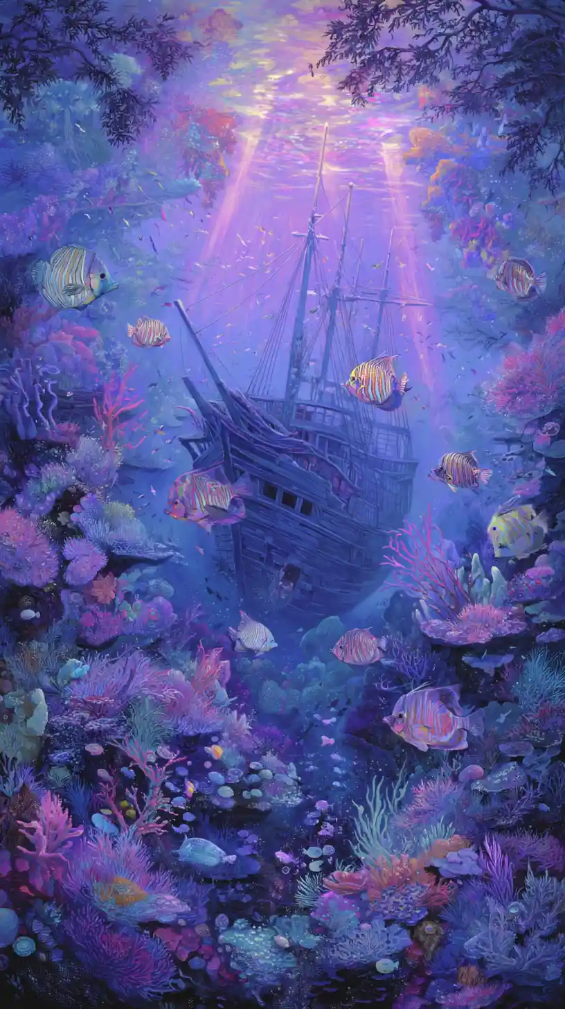 Versunkenes Schiff mit leuchtenden Fischen in traumhafter Unterwasserszene
