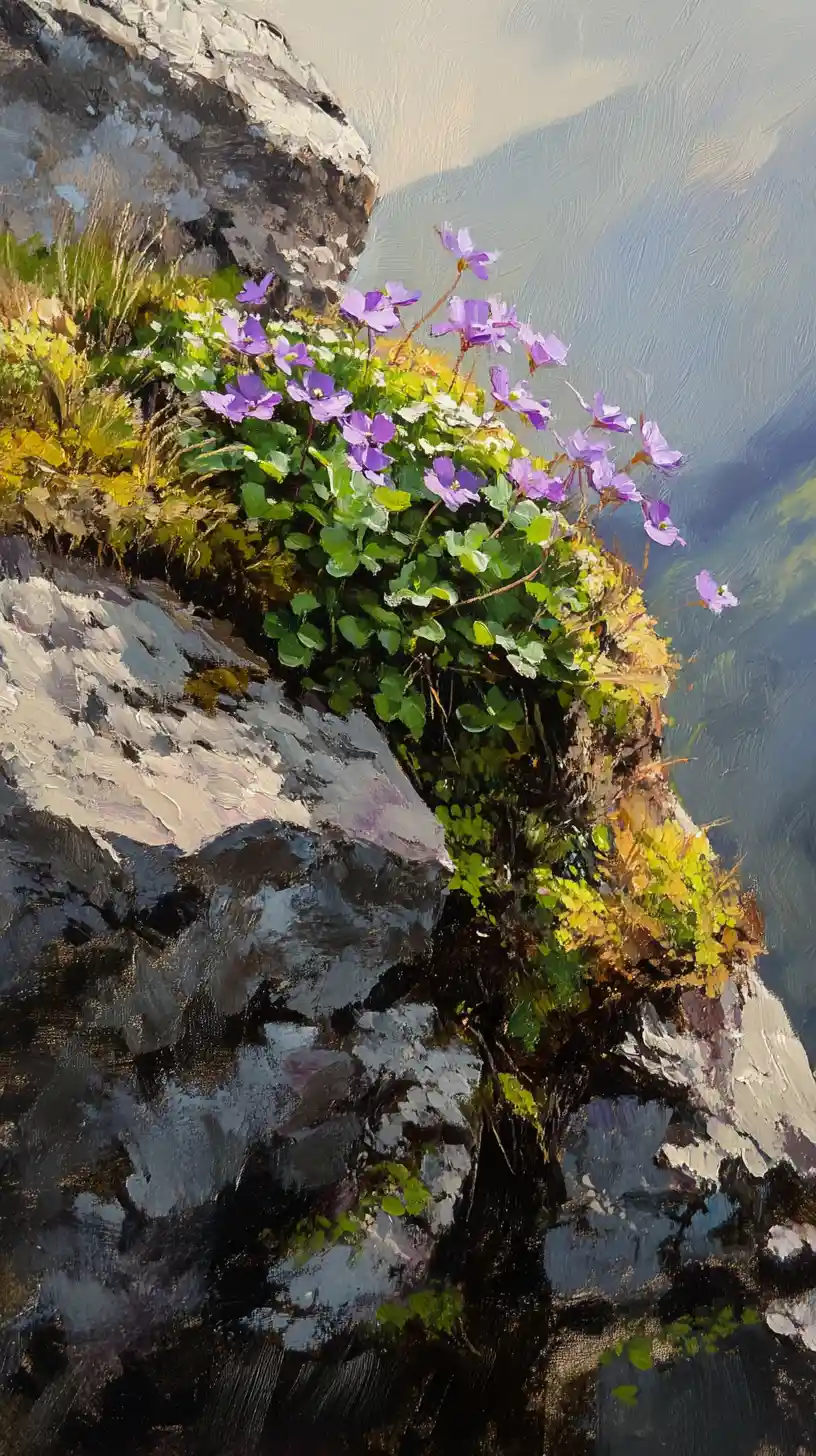 Mossy saxifrage flowers on sunlit rocky outcropping painting