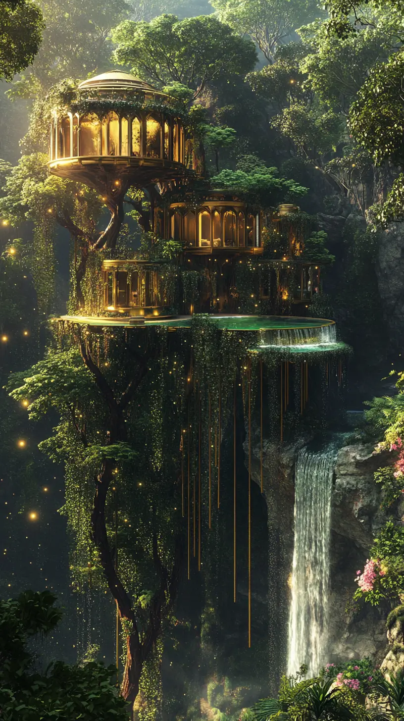 Ritiro di lusso in una casa sull’albero fantasy in una foresta pluviale incantata