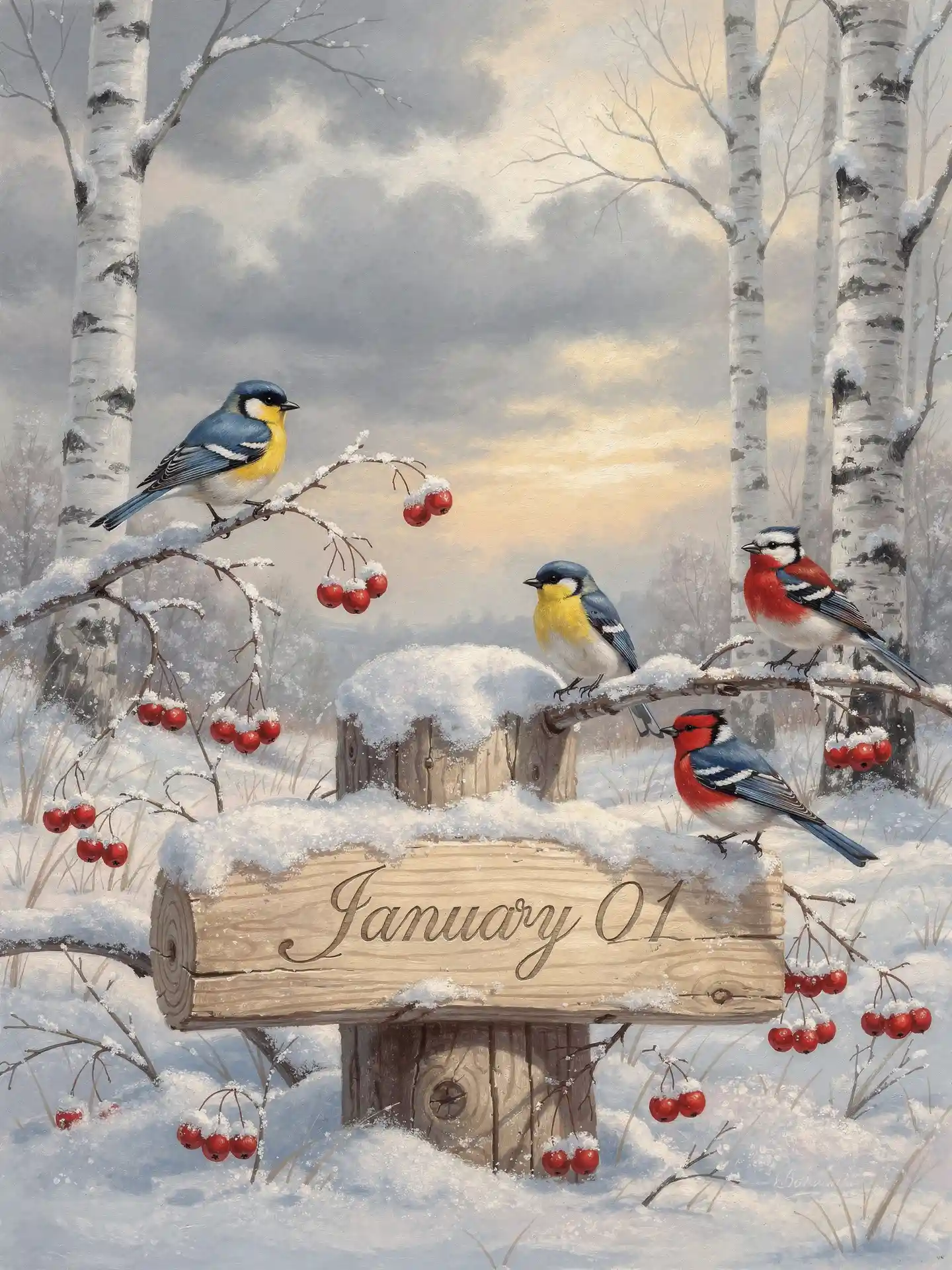 January calendar with birds and berries in snowy forest