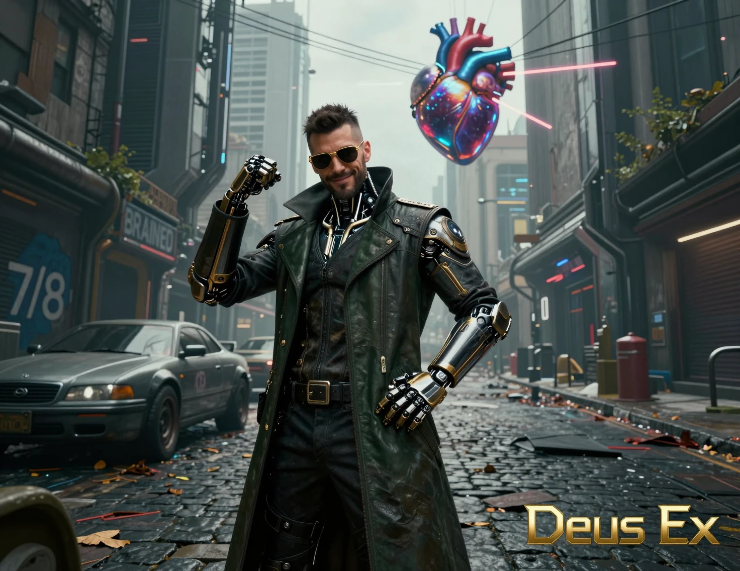 Detective aumentado sonriendo en una calle futurista cyberpunk