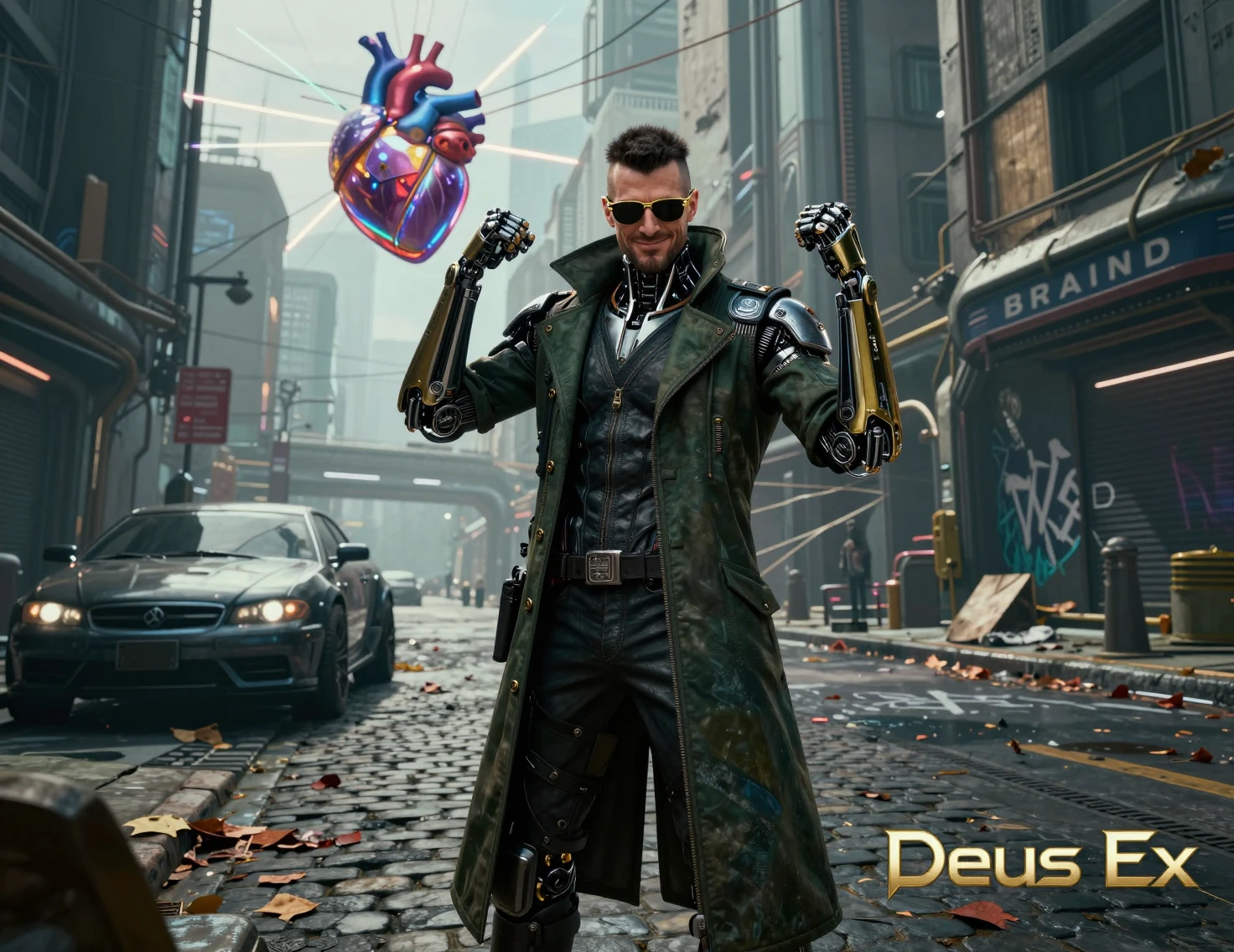 Detective aumentato che sorride in una strada cyberpunk futuristica
