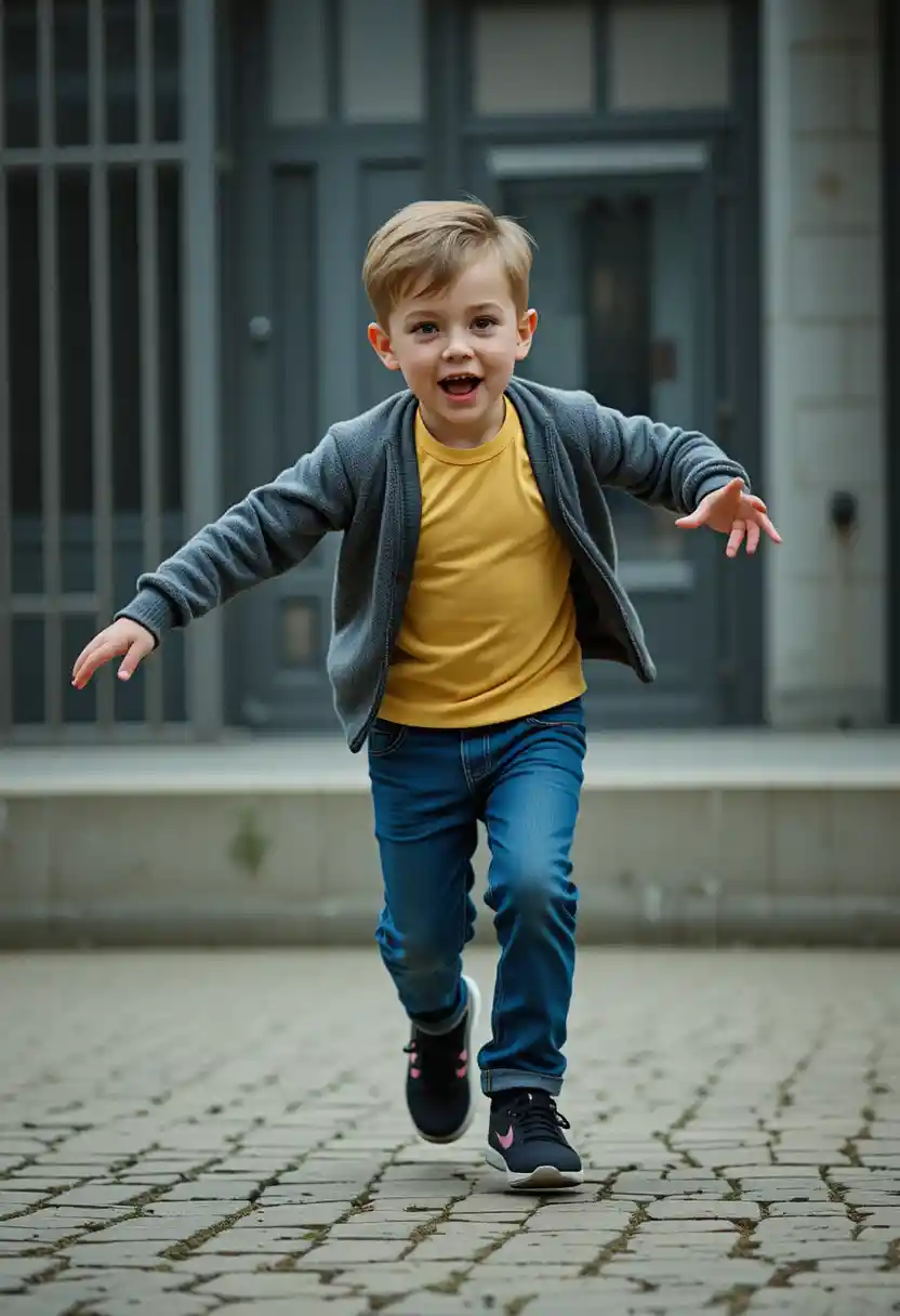 Joyful toddler running forward on a paved street