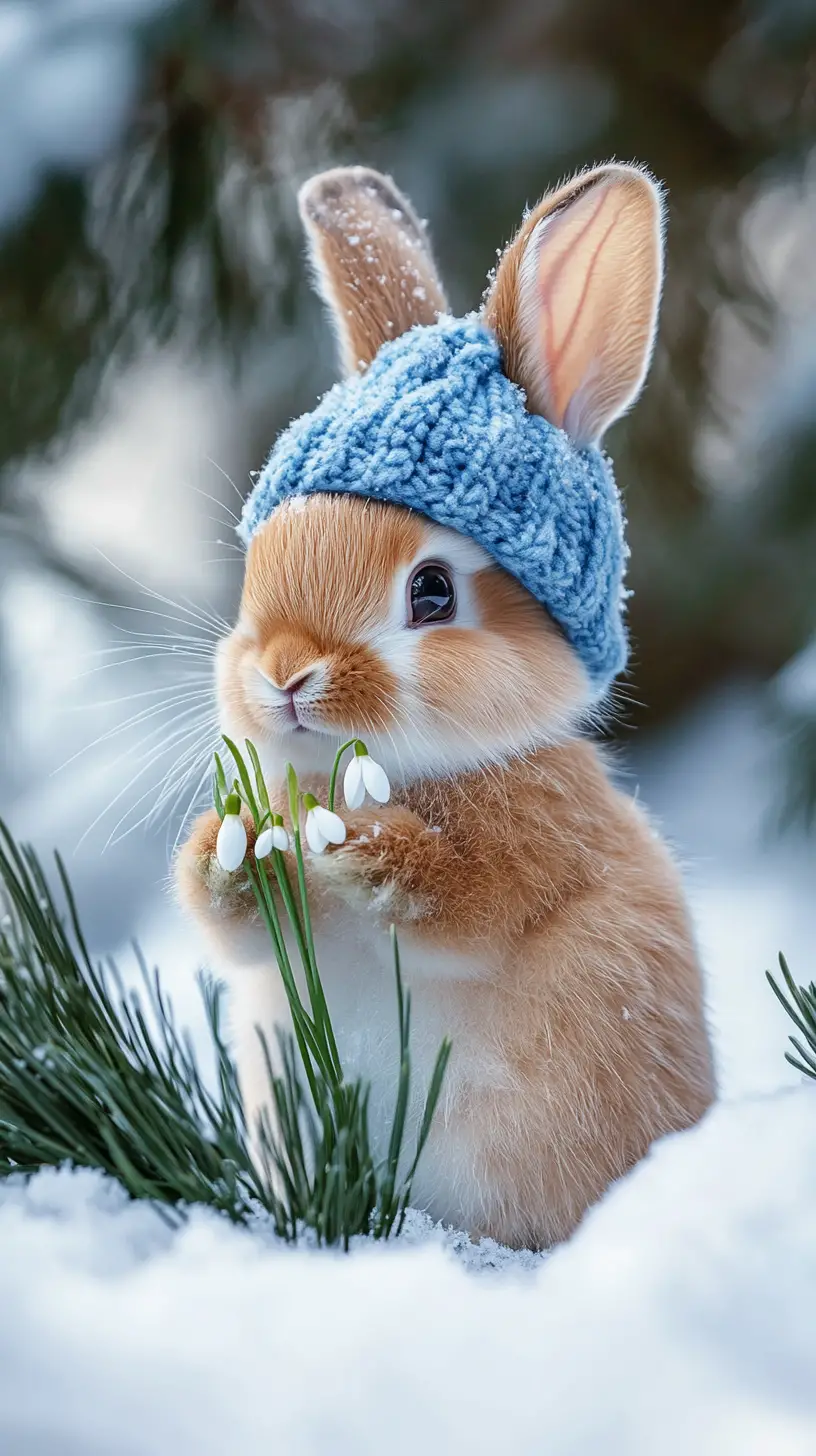 戴著藍色帽子的可愛兔子站在雪地森林中