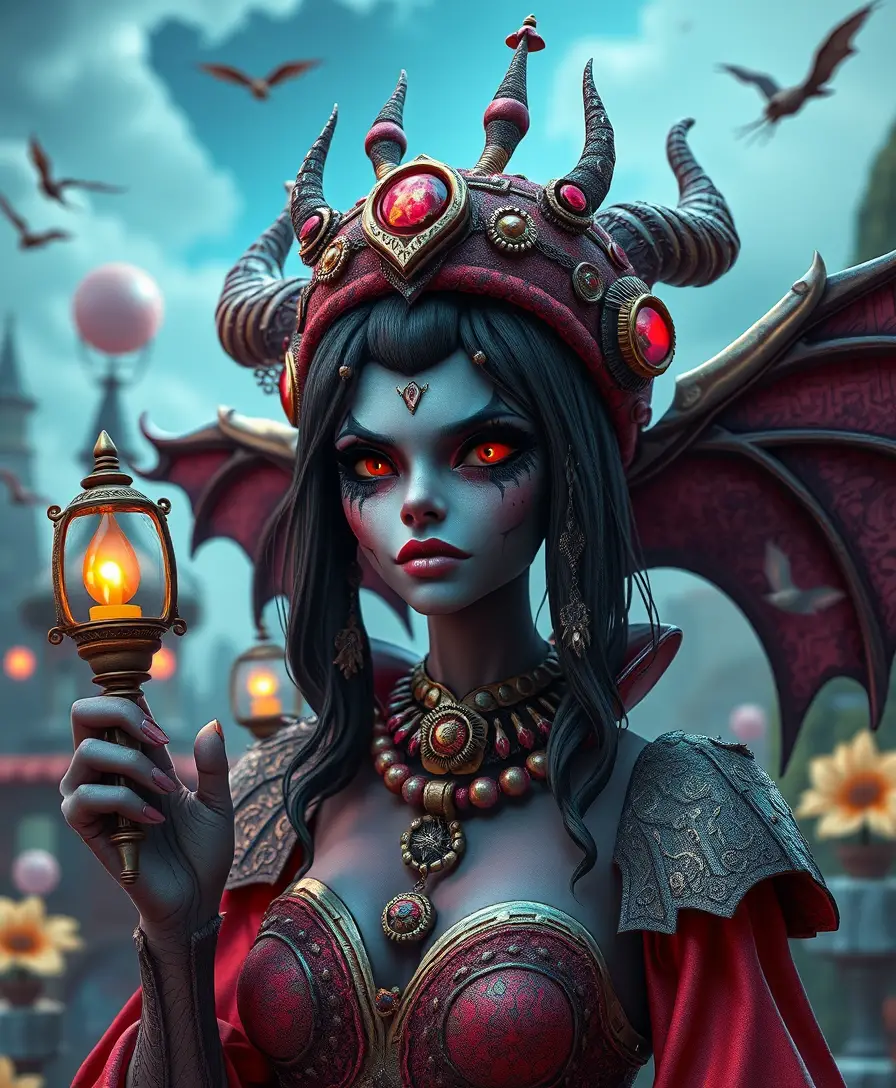 Deusa maléfica lúdica em fantasia pop surreal vibrante