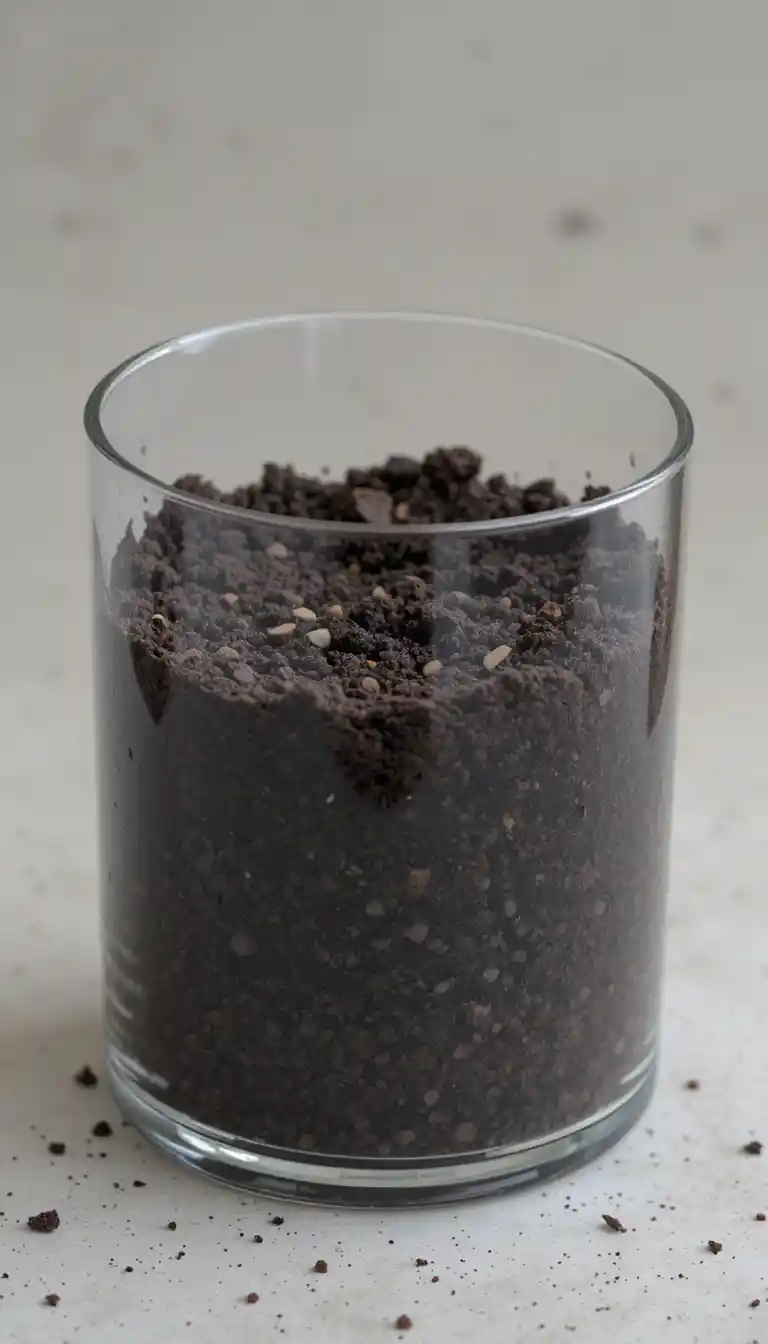 Pot cylindrique transparent à moitié rempli de terre sombre