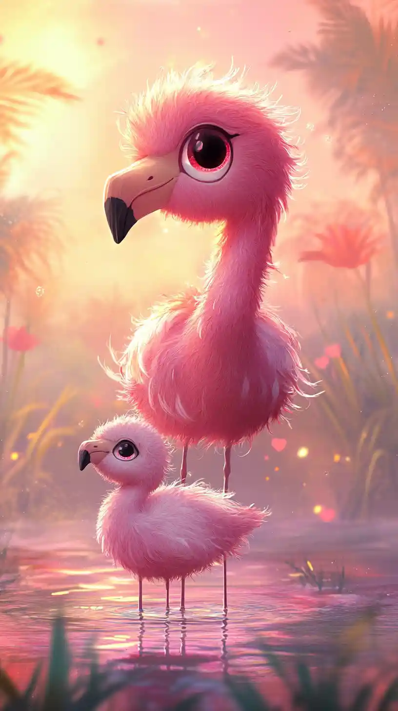 Kawaii flamingo mother with chick at dreamy tropical sunset