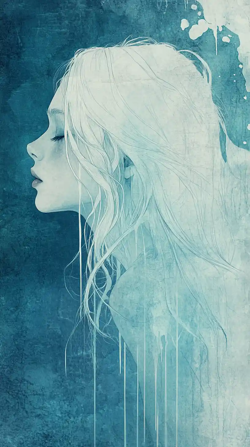 Garota melancólica de cabelo branco em ilustração em quadrinhos ciano