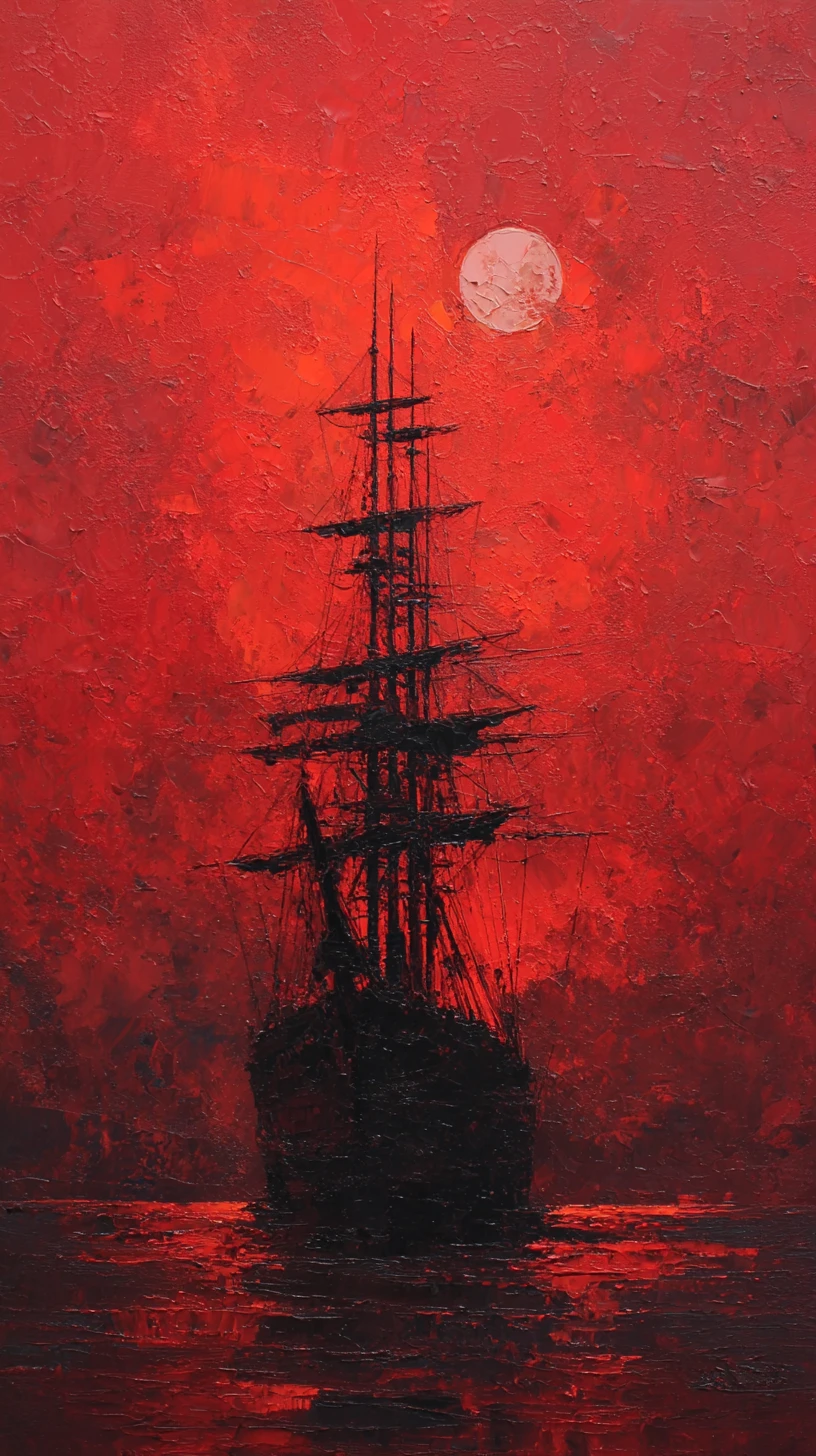 Ghostly sailing ship under a pale moon in red sky