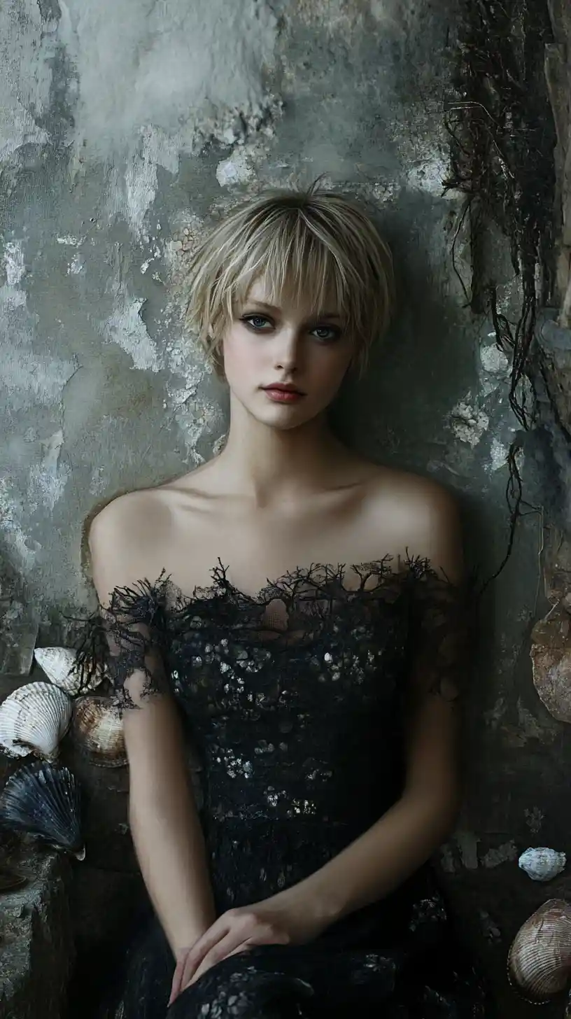 Blonde girl in dark dress surrounded by underwater sea life
