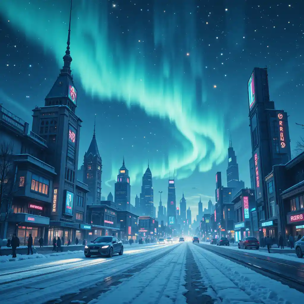 Skyline futuristica con auto volanti e aurora