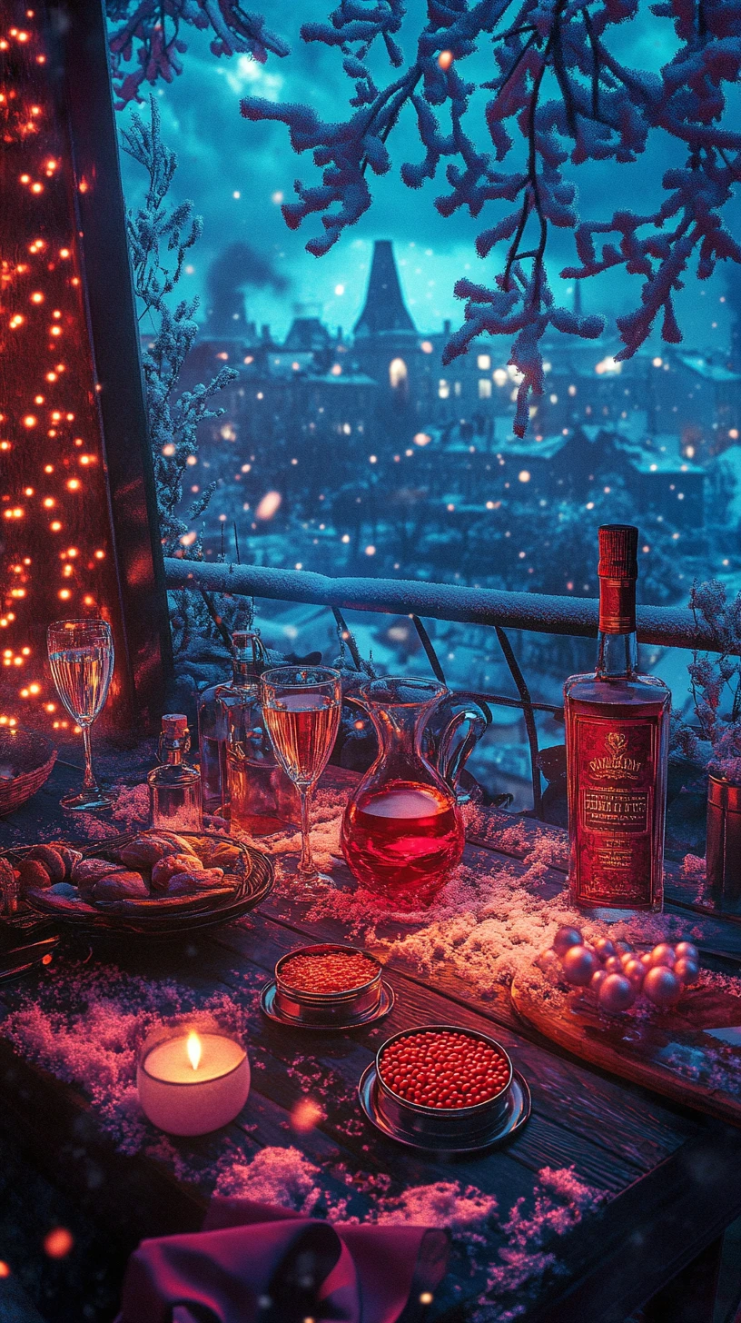 Table du Nouvel An sur un rooftop avec amis et délices gourmets
