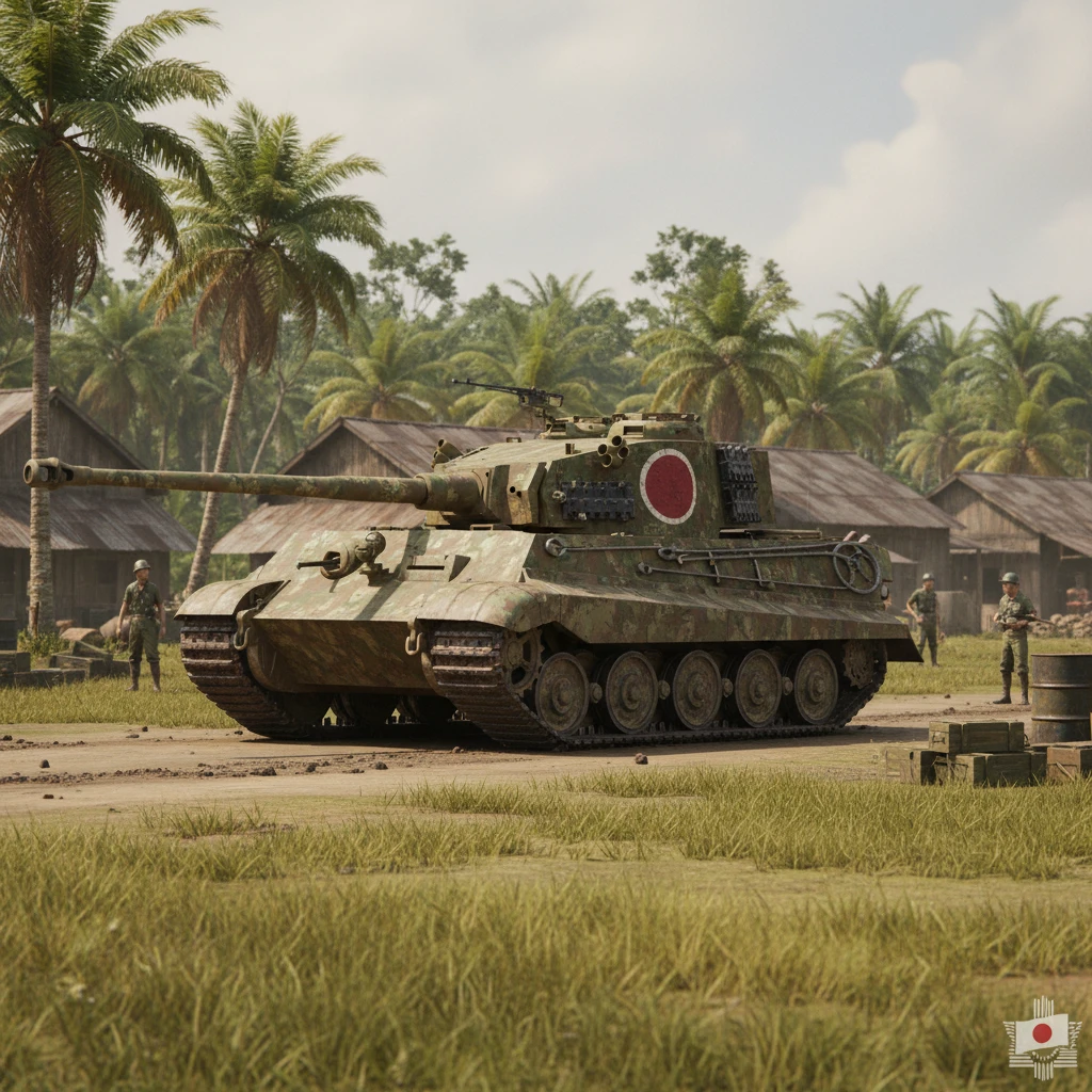 Tanque Tiger II no aeródromo de Sepik em cena da Segunda Guerra Mundial