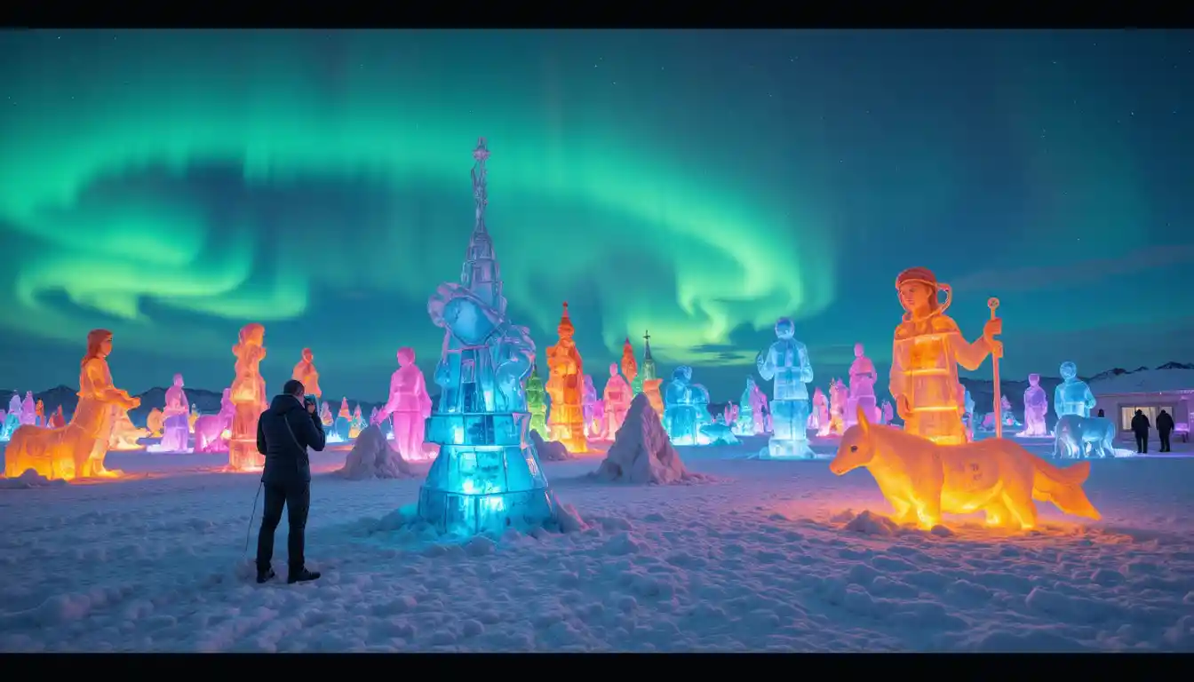 Sculptures de glace au néon brillant sous les aurores boréales hivernales
