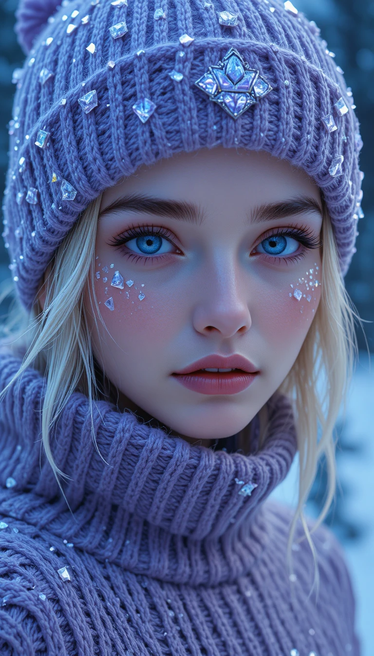 Ragazza invernale in maglieria color lavanda con dettagli di cristalli di ghiaccio