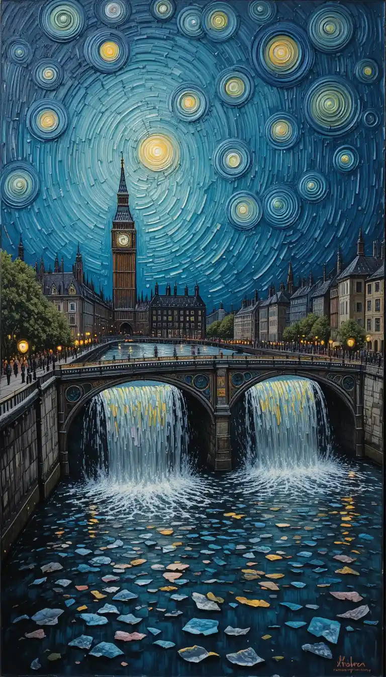 Twin waterfalls on the Thames in a nocturnal Victorian city