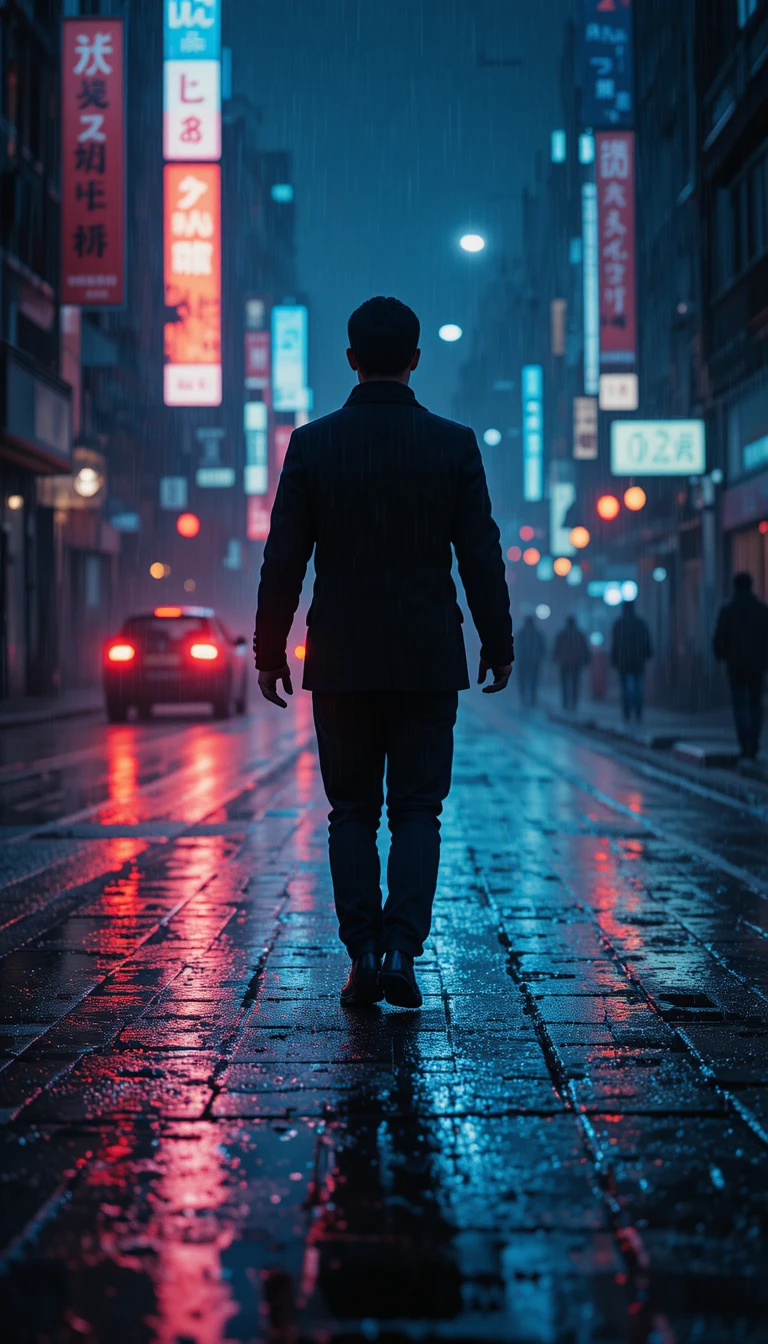 Figura in silhouette che cammina sotto la pioggia intensa tra le luci della città