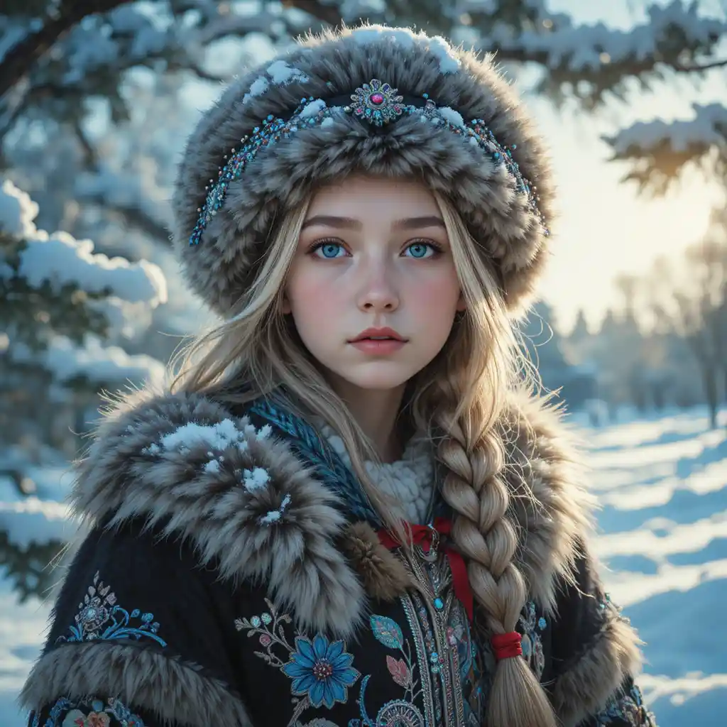 Sad blue eyed girl in snowy pine forest at sunset
